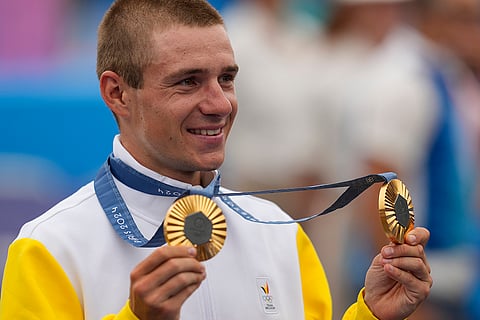 Men's road time trial medal ceremony: Gold medalist Remco Evenepoel, of Belgium
